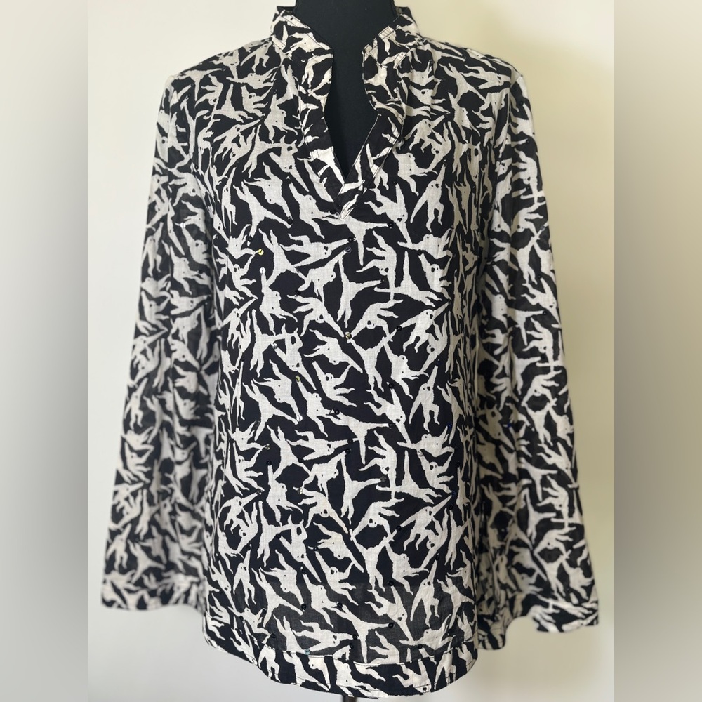TORY BURCH Women's Print Swinging Monkey Sequin Tunic Blouse Top 3/4 Sleeve SZ8